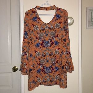 Orange Floral Print Dress Flare Sleeves